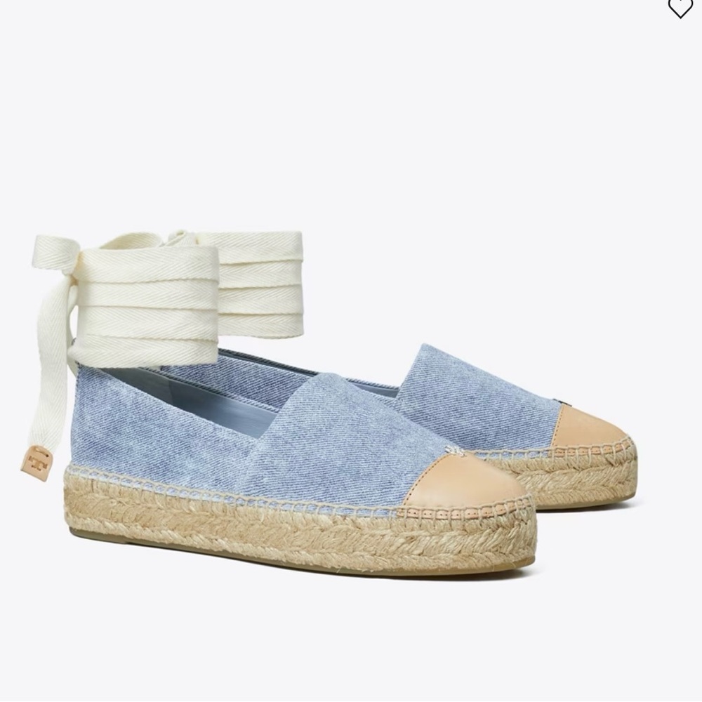 Tory Burch Light Blue Denim Espadrilles with Cream Ankle Ties